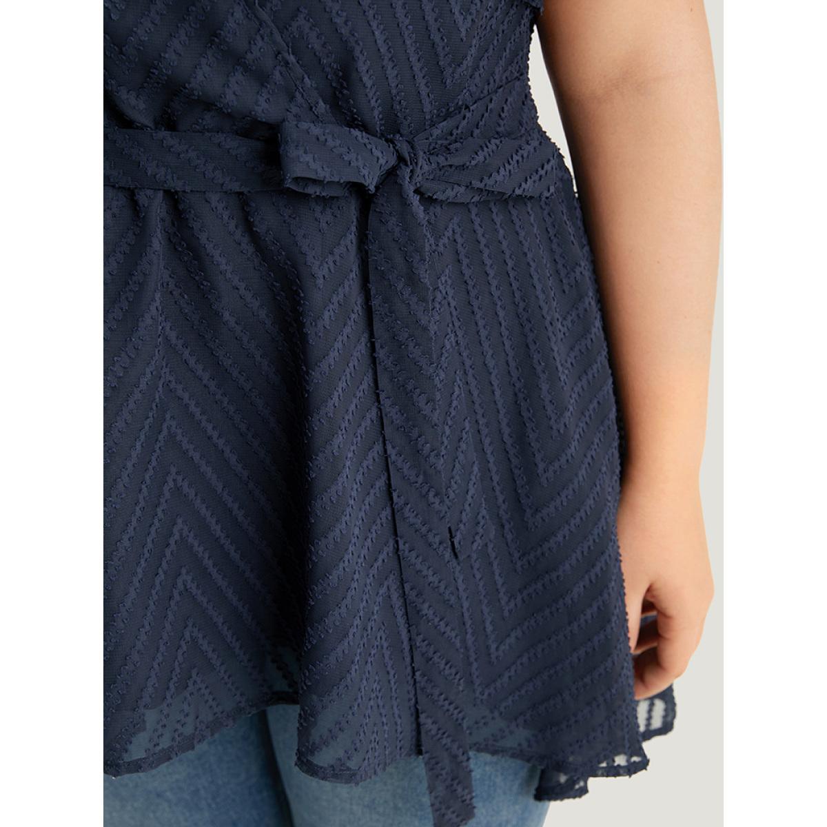 Plus Size Indigo Plain Textured Belted Wrap Mesh Flutter Sleeve Blouse Women Elegant Short sleeve V-neck Dailywear Blouses BloomChic 28/5X Product Image