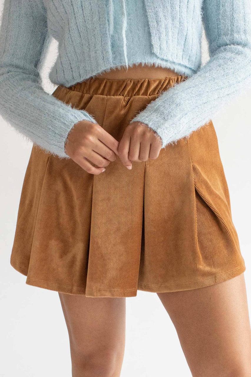 Camel Pleated Corduroy Skater Skirt Product Image