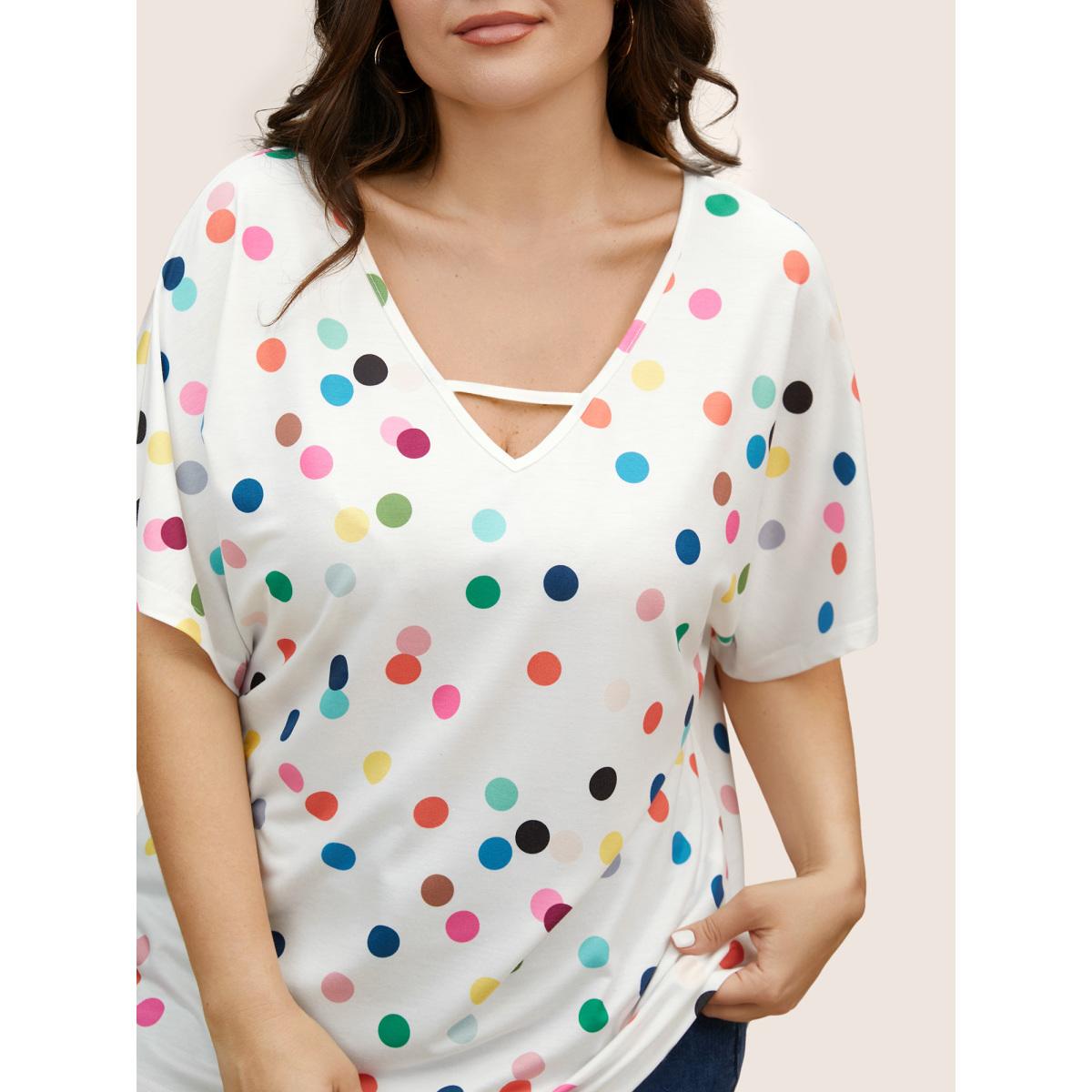 Plus Size Contrast Polka Dot Keyhole Dolman Sleeve T-shirt Multicolor Women Casual Contrast Art&design V-neck Everyday T-shirts BloomChic 26/4X Product Image