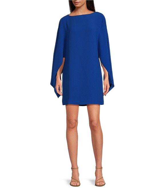 Trina Turk Daiquiri Silky Satin Back Crepe Boat Neck Long Cape Sleeve Shift Dress Product Image