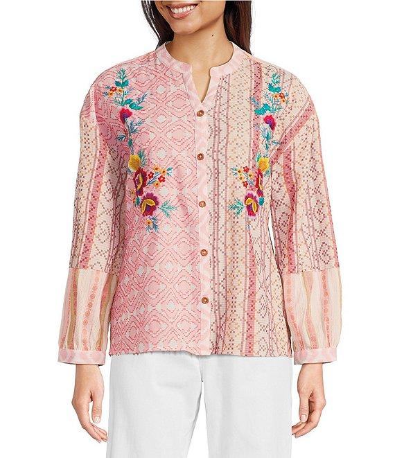 Tru Luxe Jeans Mixed Jacquard Embroidered Split V-Neck Long Sleeve Popover Top Product Image