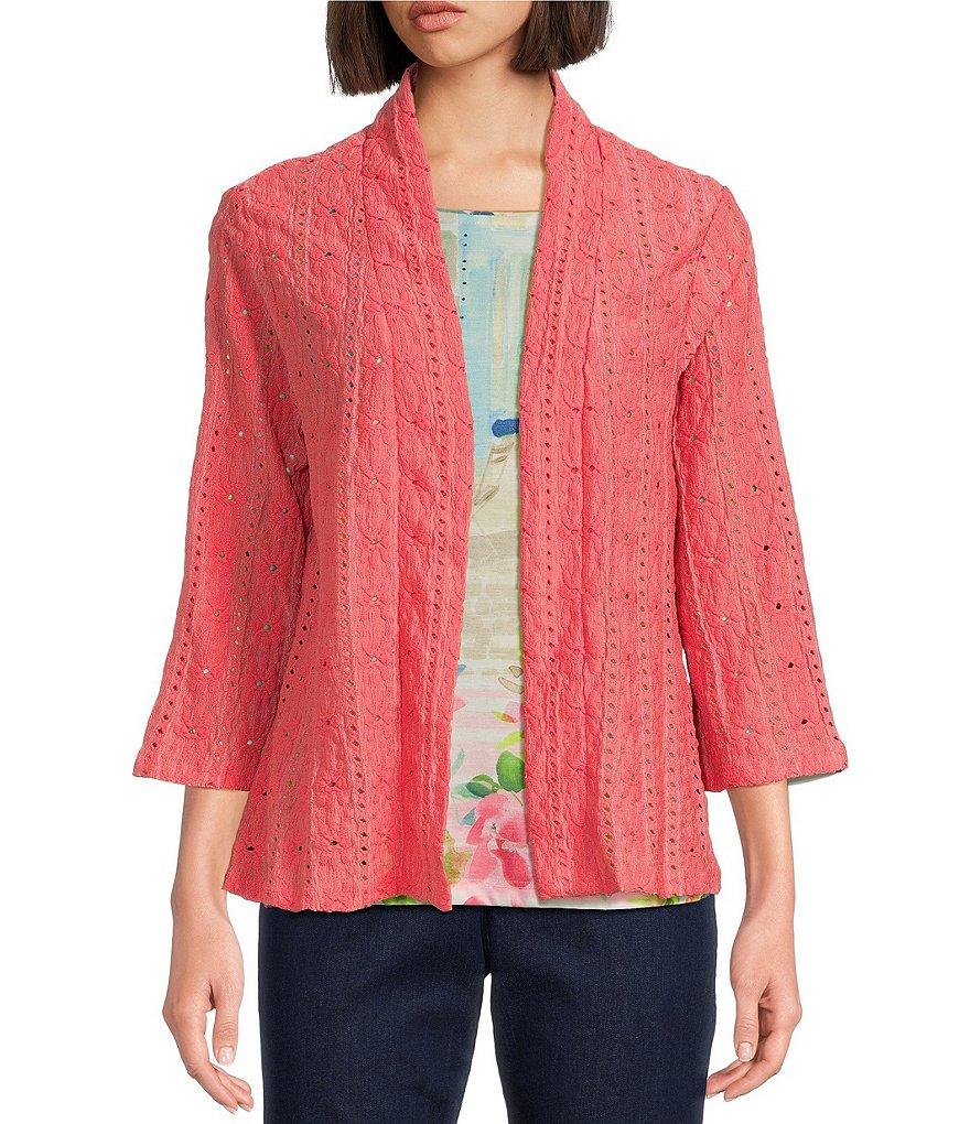 Allison Daley 3/4 Sleeve Open-Front Eyelet Knit Cardigan Product Image