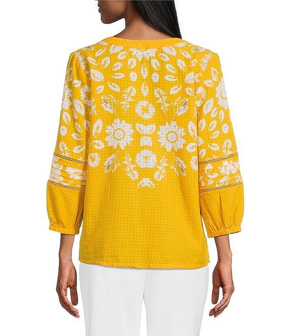Investments Woven Medallion Floral 3/4 Sleeve Y-Neck Button Front Top Product Image