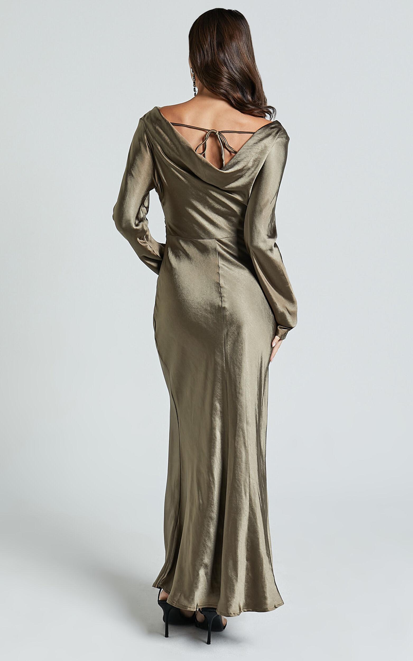 Arriana Midi Dress - Long Sleeve Cowl Back Satin Dress in Dark Olive Product Image