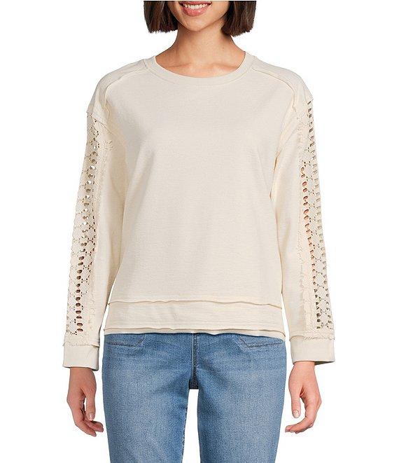 Westbound Lace Inset Long Sleeve Crew Neck Knit Top Product Image