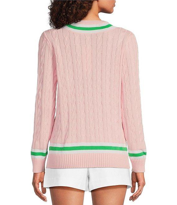 Lilly Pulitzer Brockton Cable Knit V-Neck Long Sleeve Stripe Detail Sweater Product Image