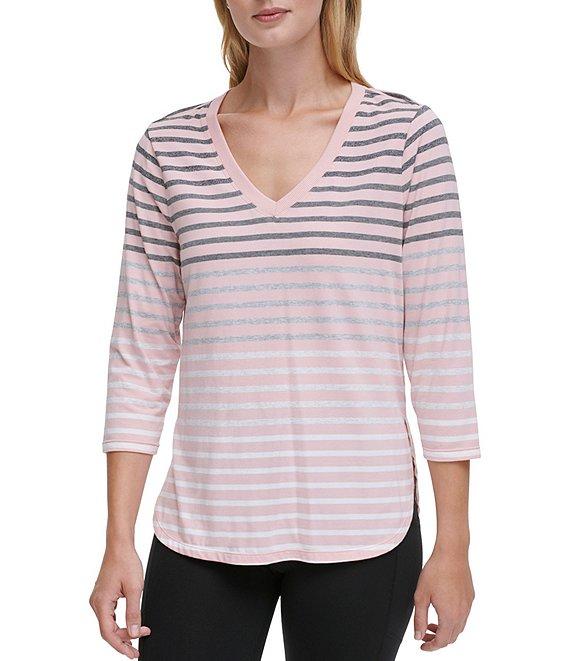 DKNY Sport by Donna Karan Stretch Stripe Jersey Knit V-Neck 3/4 Sleeve Tee Product Image