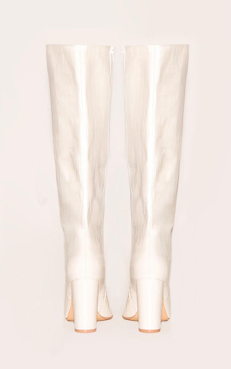 White Wide Fit Pu Croc Square Toe Block Heel Knee High Boots Product Image