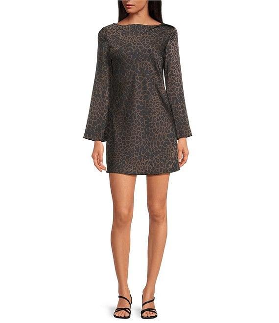 Gianni Bini Dionne Satin Leopard Print Long Sleeve Open Back Mini Dress Product Image