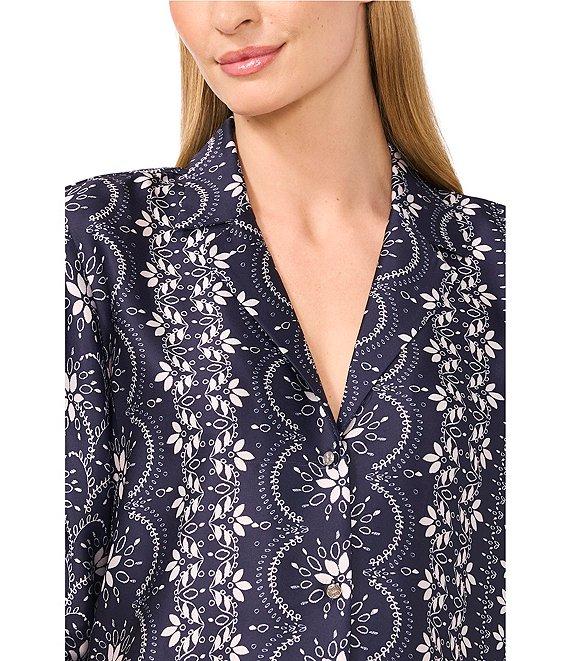 CeCe Woven Notch Collar Short Sleeve Button Front Camp Coordinating Shirt Product Image