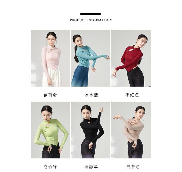 Long-Sleeve Mock Neck Plain Asymmetrical Dance Top Product Image