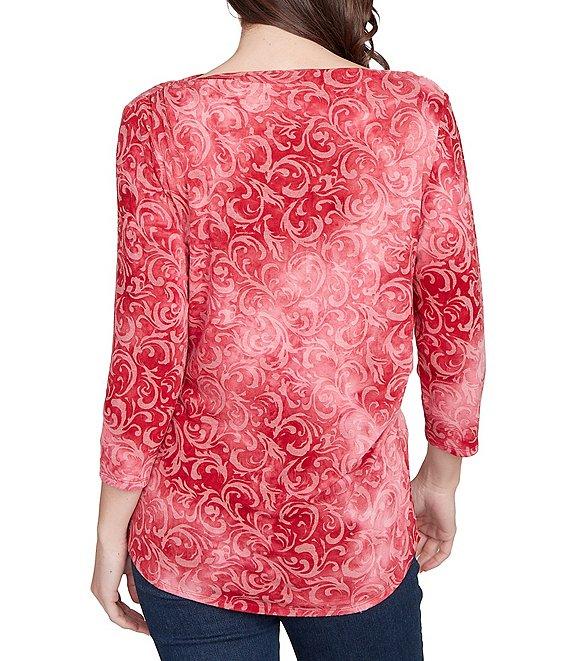 Ruby Rd. Textured Knit Tie-Dye Scroll Floral Boat Neck 3/4 Sleeve Top Product Image
