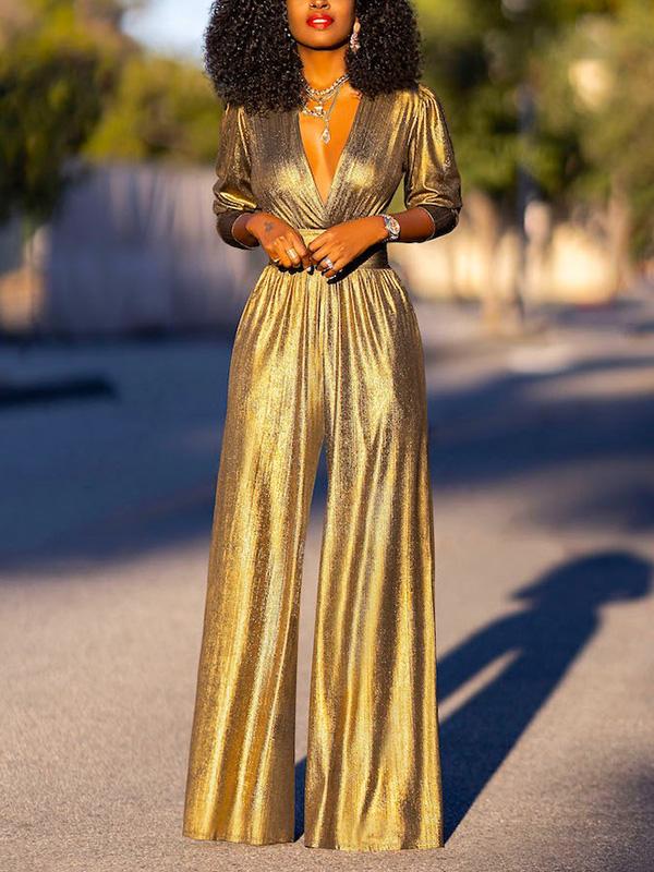 High Waisted Three-Quarter Sleeves Shiny Solid Color Deep V-Neck Jumpsuits Bottoms Product Image