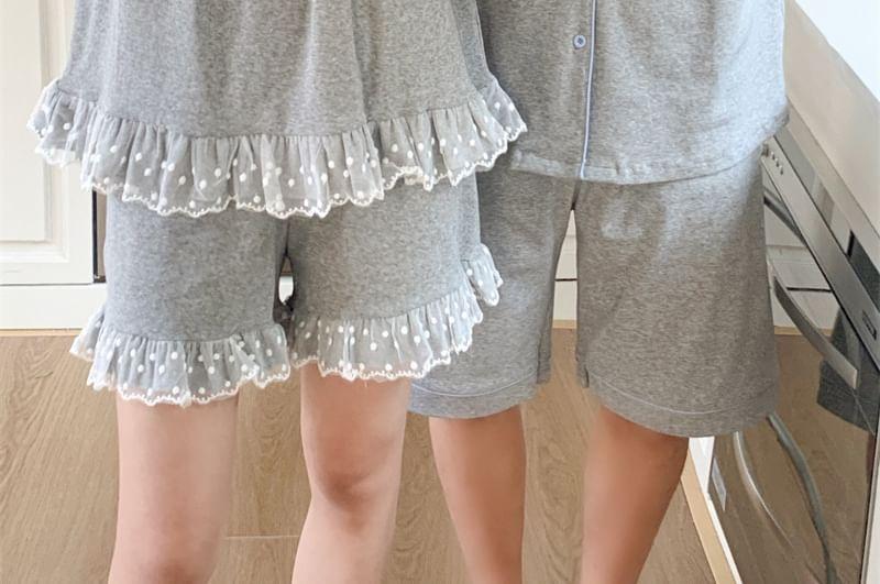 Couple Matching Short-Sleeve Lapel Collar Contrast Trim Button Pajama Top / Lace Trim Tank Top / Lounge Shorts / Set (Various Designs) Product Image