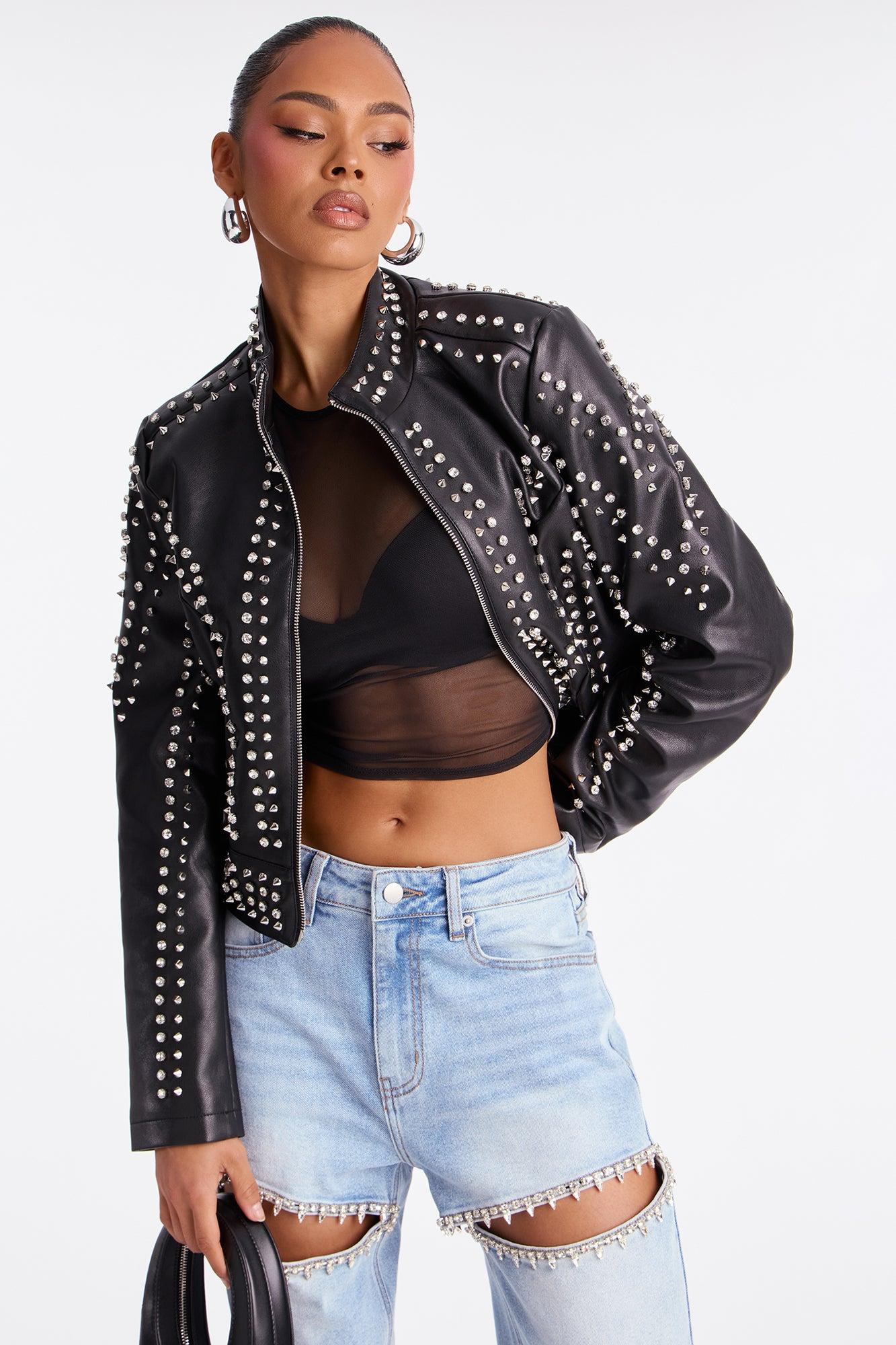 Worldwide Faux Leather Studded Moto Jacket - Black Female Product Image