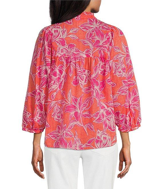 Tommy Bahama Paradiso Petals Cotton Poplin Plainweave Ruffle Neck 3/4 Sleeve Tassel Tie Top Product Image