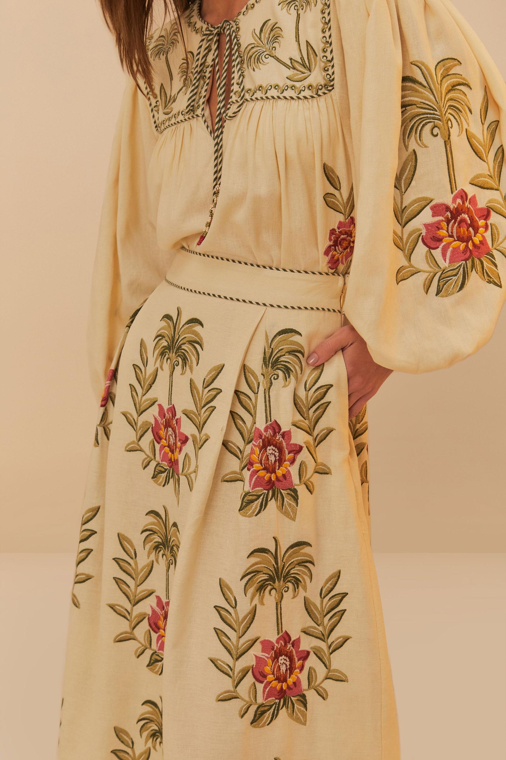 Sand Tropical Flower Embroidered LENZING™ ECOVERO™ Euroflax™ Maxi Skirt Product Image