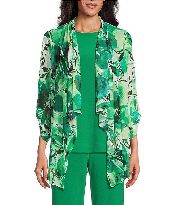 Investments Soft Separates Abstract Floral Mesh Open Drape Front Long Roll-Tab Sleeve Cardigan Product Image