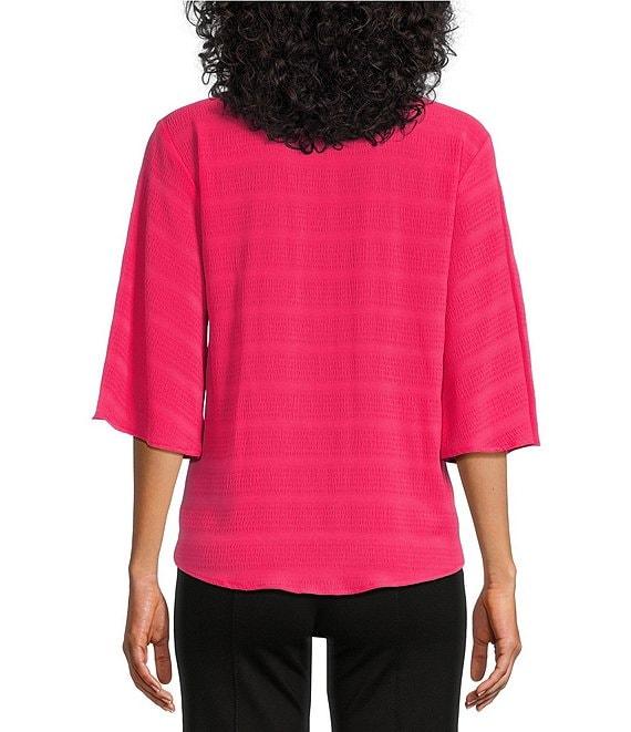 Slim Factor By Investments Dylan Puckered Stripe Tie Front V-Neck 3/4 Sleeve Top Product Image