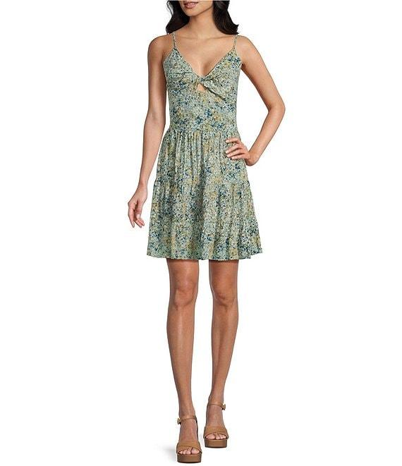 Angie Ditsy Floral V-Neck Spaghetti Strap Twist Front Keyhole Tiered Dress Product Image