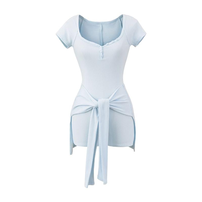 Set: Short-Sleeve V-Neck Plain Romper + Decorative Hem Product Image