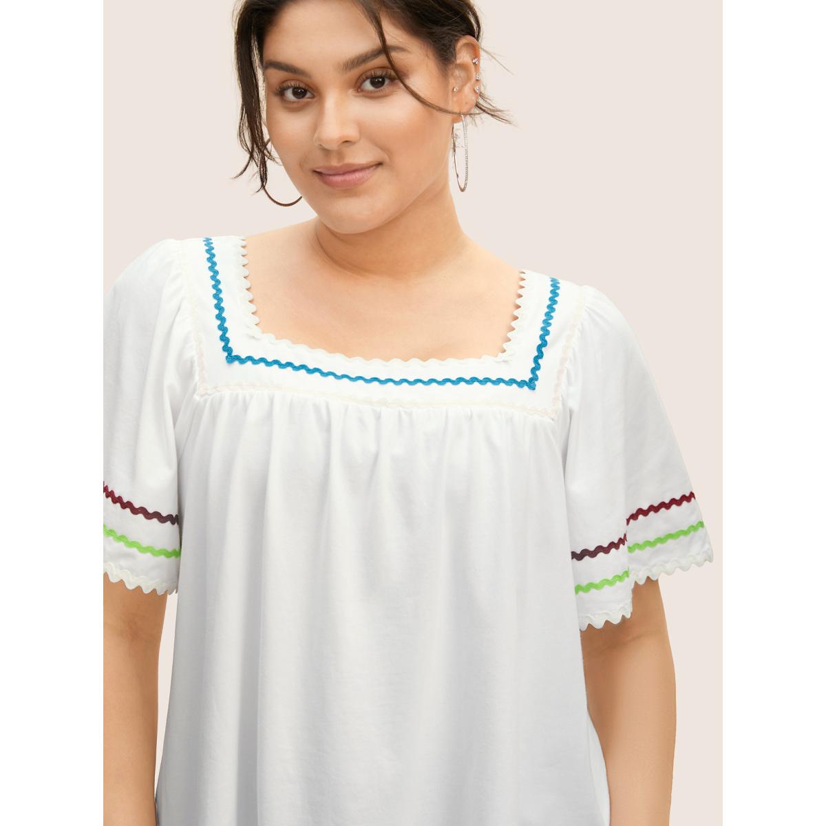Plus Size Cotton Woven Ribbon Contrast Ruffle Sleeve T-shirt Originalwhite Women Casual Woven ribbon&lace trim Square Neck Everyday T-shirts BloomChic 30/6X Product Image