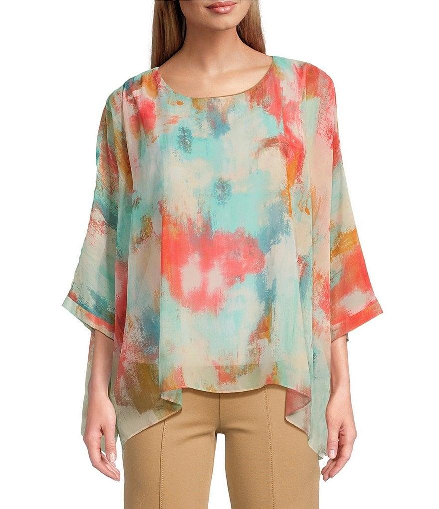 Slim Factor by Investments Abstract Haze Crew Neck 3/4 Dolman Sleeve Lined Blouse Product Image