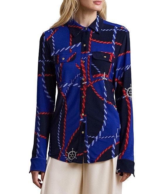 Lauren Ralph Lauren Jersey Knit Rope Print Point Collar Long Sleeve Button Front Shirt Product Image