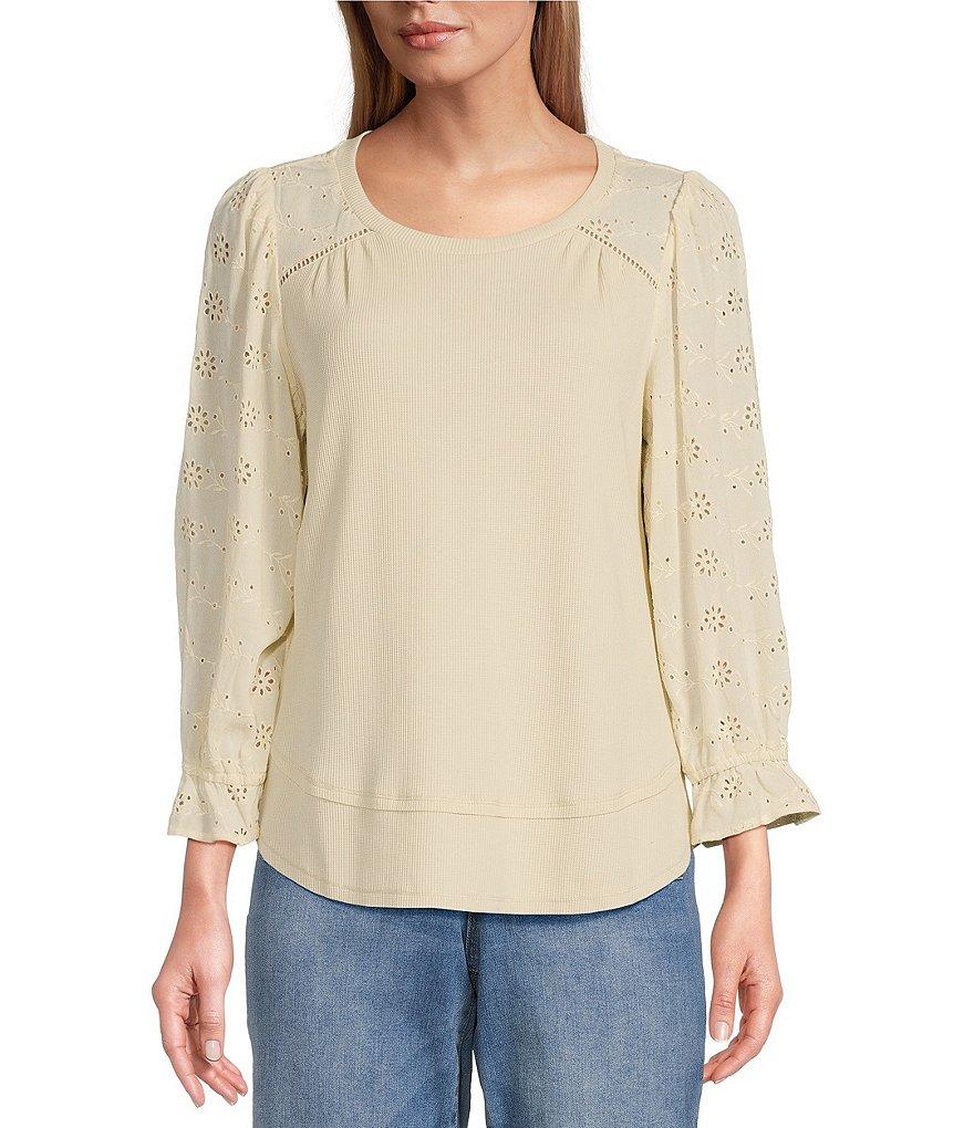 Nurture by Westbound Petite Size Knit 3/4 Sleeve Crew Neck Eyelet Detail Top Product Image