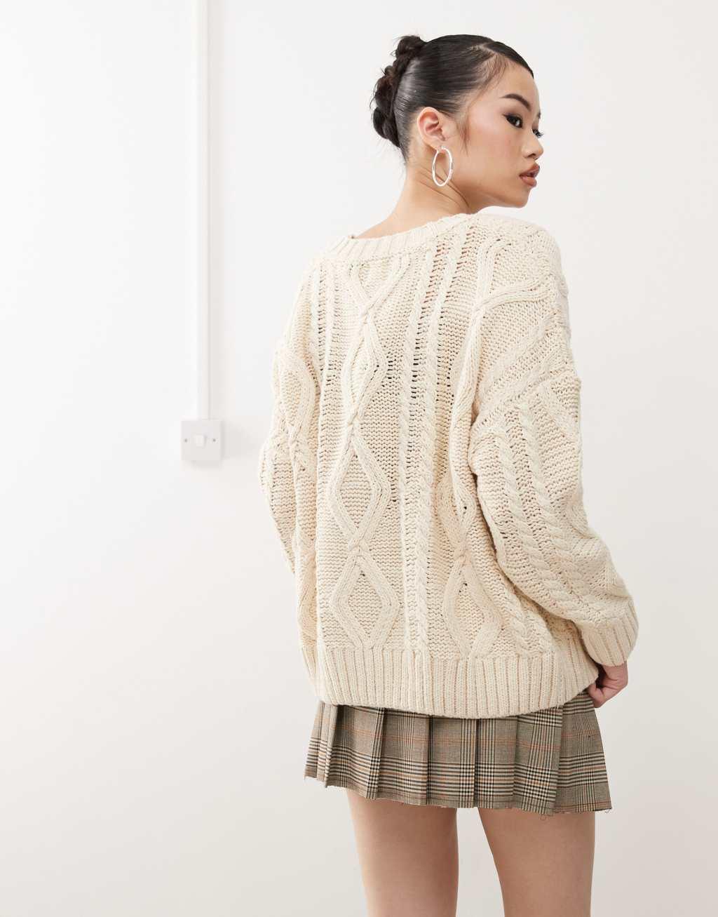 Princess Polly chunky cable knit crew neck sweater in beige Product Image