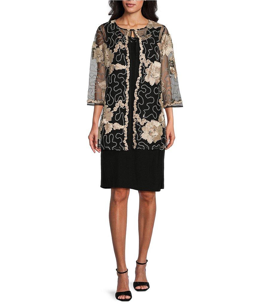 R & M Richards Petite Size Embroidered Soutache Sequin 3/4 Sleeve Jacket Dress Product Image