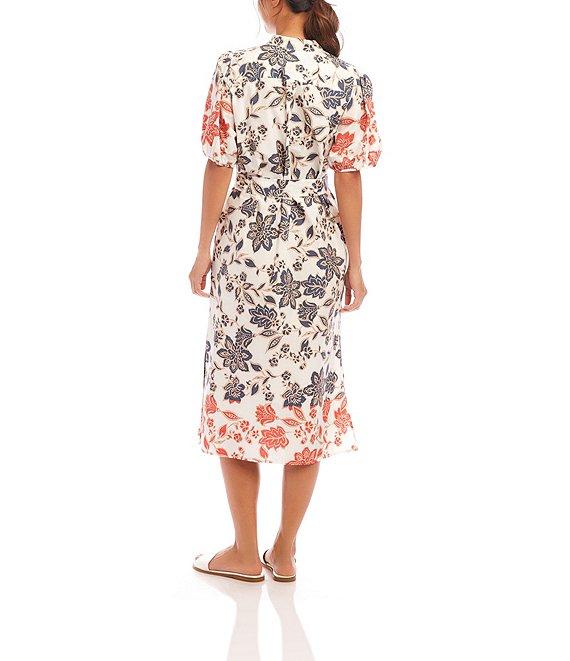 Karen Kane Floral Printed Mandarin Collar Puff Sleeve Belted Button-Front Midi Shirtdress Product Image