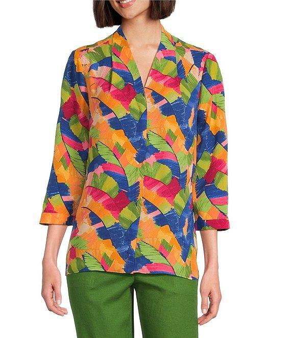 Investments Petite Caroline Signature Leafy Sketch V-Neck 3/4 Sleeve Button Front Top Product Image