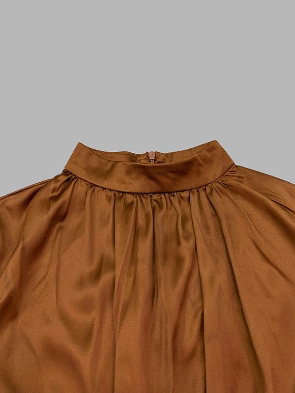 Long Sleeves Loose Pleated Shiny Solid Color Split-Joint Tied Waist High Neck Evening Dresses Maxi Dresses Product Image