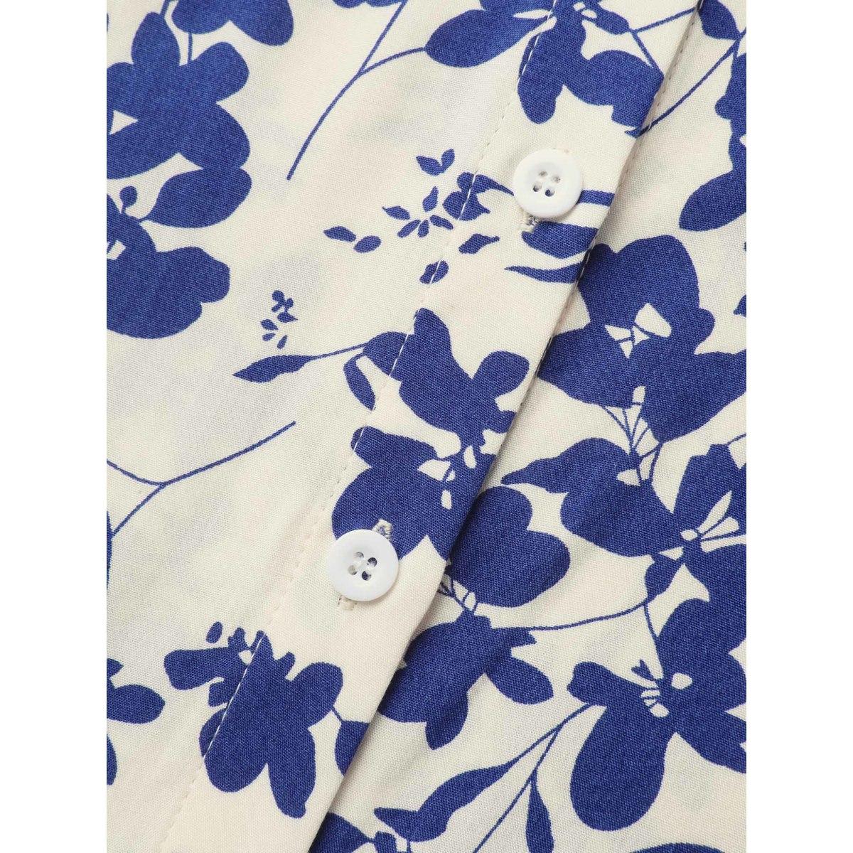 Plus Size DarkBlue Floral Print Waist-Tie Button Blouse Women Elbow-length sleeve Shirt collar Work Blouses BloomChic 18-20/2X Product Image