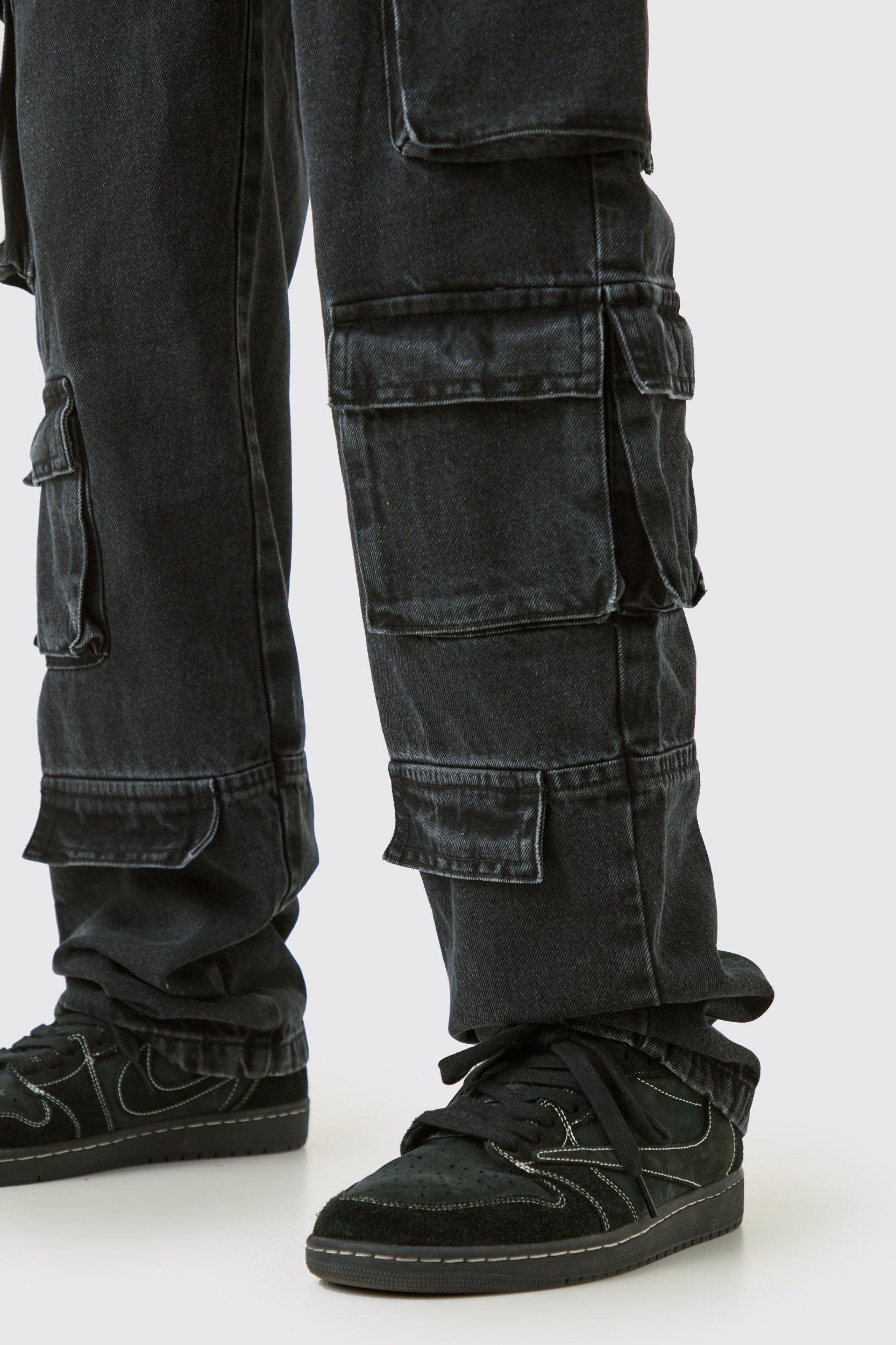 Tall Relaxed Fit Acid Wash Cargo Jeans | boohooMAN USA Product Image