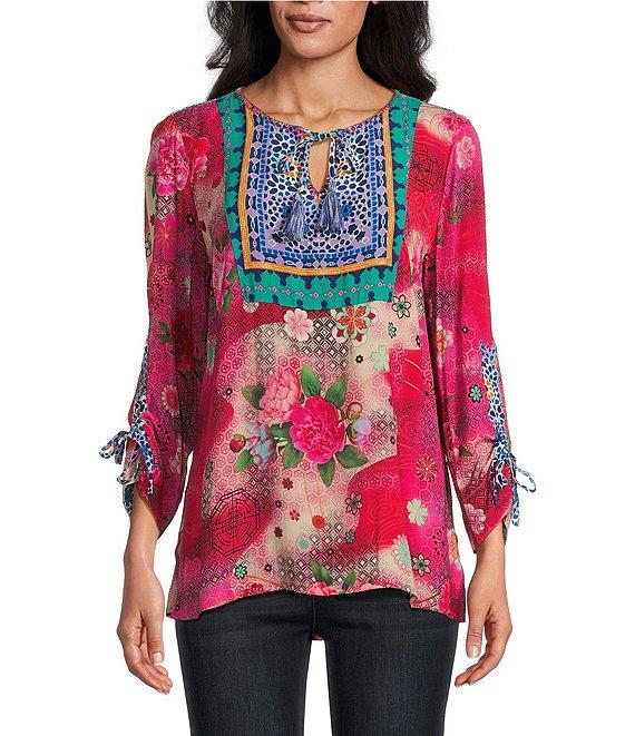 John Mark Woven Printed Split Round Neck 3/4 Sleeve Tassel Tie Tunic Product Image