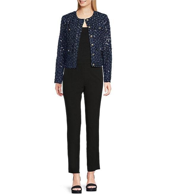 KARL LAGERFELD PARIS Sequin Denim Collarless Long Sleeve Cropped Jacket Product Image