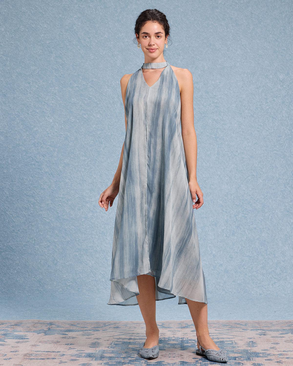 Green Tie Dye V Neck Sleeveless Midi Dress Product Image