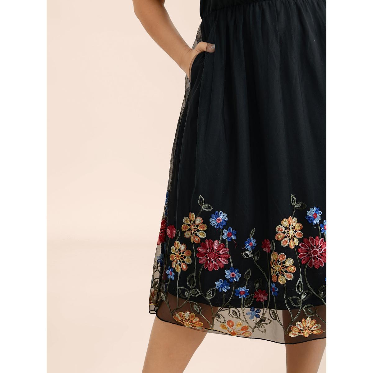 Plus Size Floral Embroidered Hem Stretchy-Waist Pockets Midi Dress BlackFlower Women Elegant See through V-neck Short sleeve Curvy BloomChic 22-24/3X Product Image