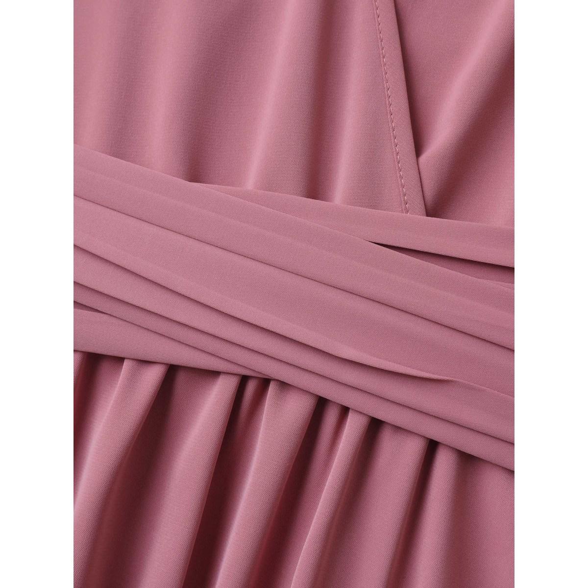 Plus Size Flutter Sleeve Lace Stretchy Waist Midi Dress DustyPink Women Elegant Woven ribbon&lace trim Overlap Collar Short sleeve Curvy BloomChic 30/6X Product Image