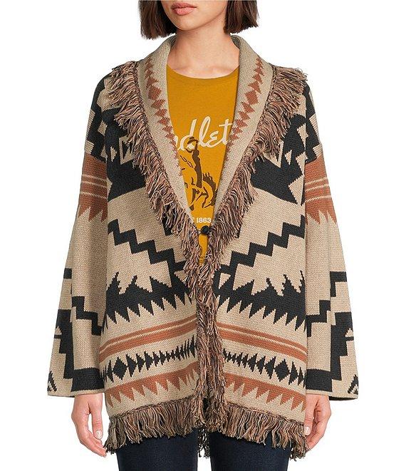 Pendleton Graphic Fringe Shawl Collar Long Sleeve Cardigan Product Image