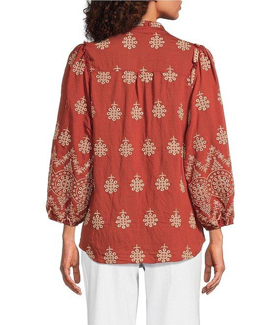 Calessa Embroidered Medallion Print Split V-Neck Bracelet Length Sleeve Button Front Tunic Product Image