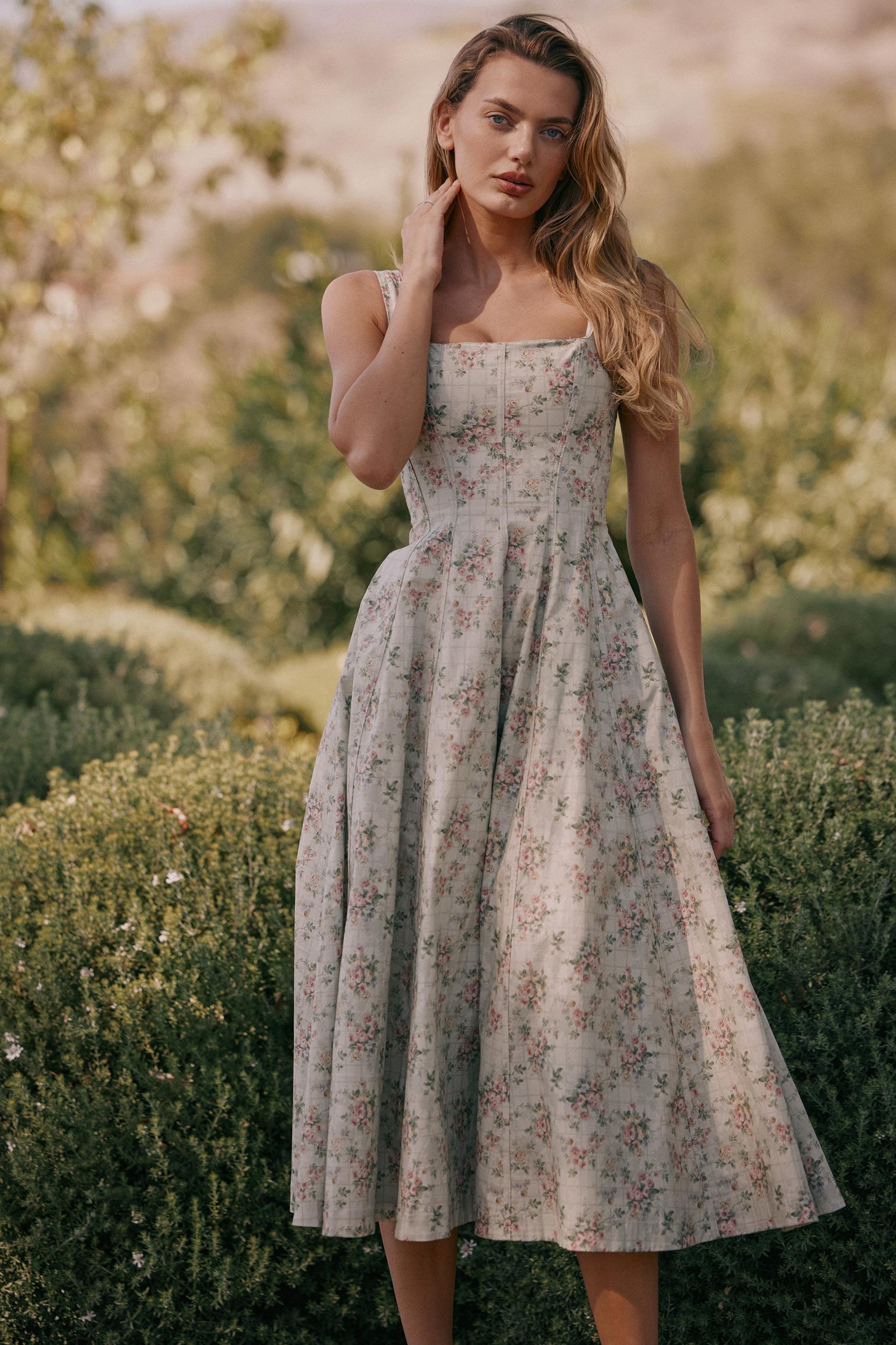 Mariabella  sage floral print cotton midi dress Product Image
