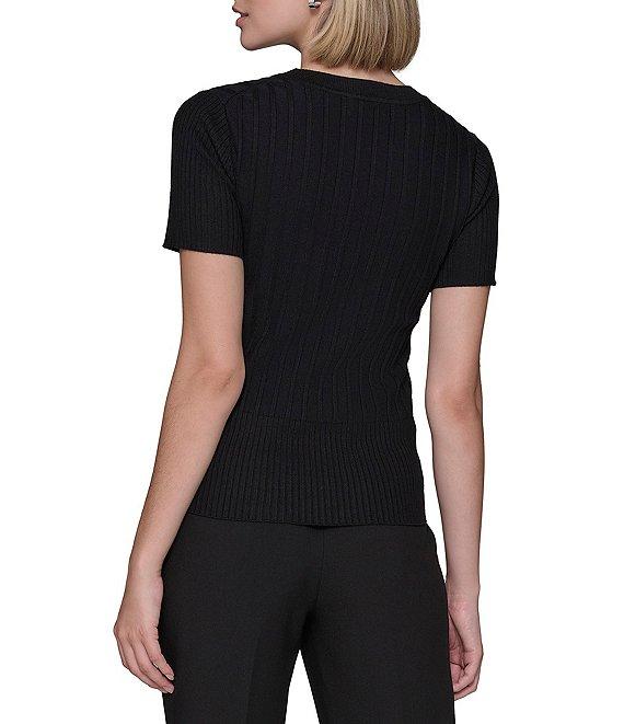 KARL LAGERFELD PARIS Knit Crew Neck Short Sleeve Ribbed Sweater Product Image