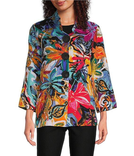 Ali Miles Abstract Floral Wire Collar 3/4 Sleeve Button Front Jacket Product Image