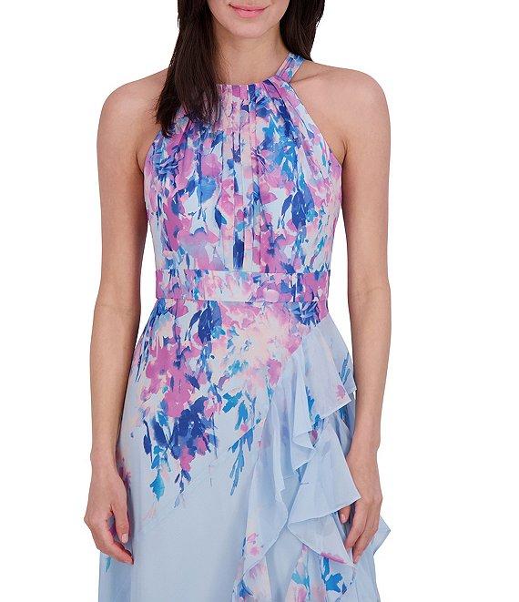 Eliza J Chiffon Floral Print Halter Neck Sleeveless Ruffle Gown Product Image