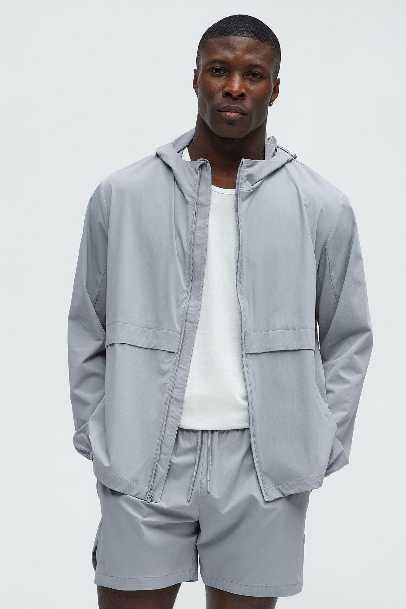 Lightweight Stretch Hooded Running Windbreaker Jacket - Grey Product Image