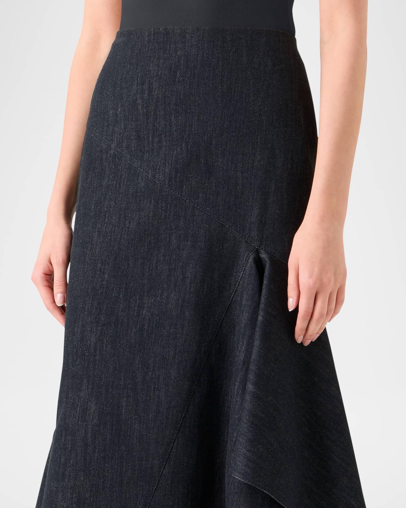 Asymmetric Flared-Hem Stretch Denim Midi Skirt Product Image
