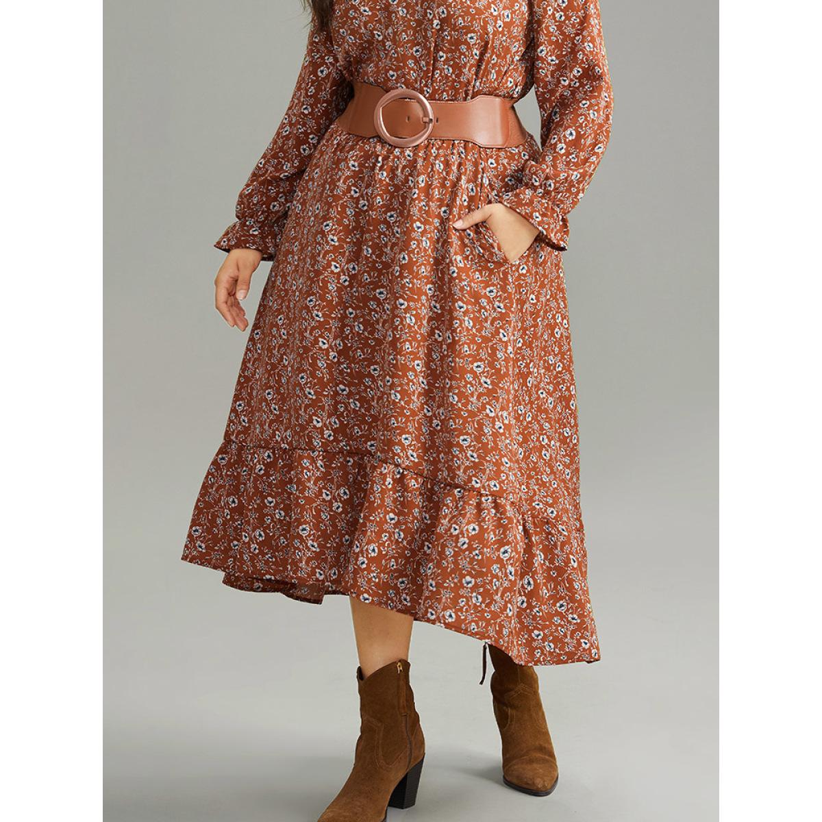 Plus Size Ditsy Floral Pocket Elastic Waist Skirt Women Rust Elegant Elastic Waist No stretch Pocket Everyday Skirts BloomChic 14-16/1X Product Image